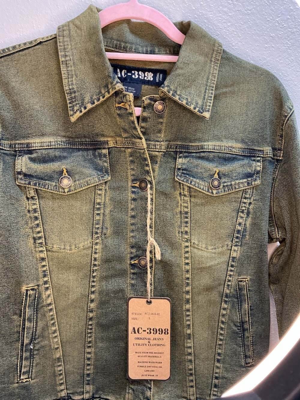 AC-3998 Olive Green Acid Wash Denim Trucker Jacket Size L